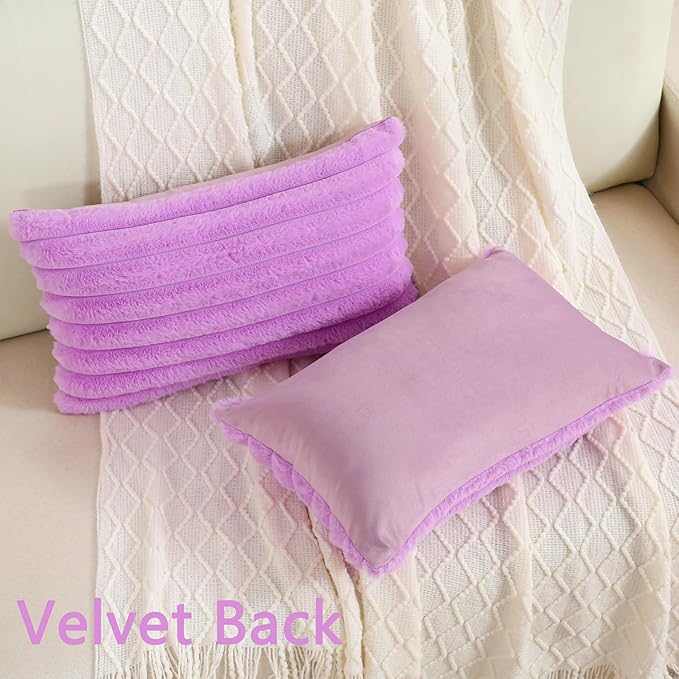 FUTEI Purple Striped Decorative Throw Pillow Covers 12x20 Inch Set of 2,Rectangle Fall Decorations Couch Lumbar Pillowcase,Soft Cozy Faux Rabbit Fur & Velvet Back,Modern Home Decor for Bed