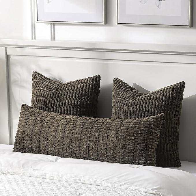 Fancy Homi 2 Packs Dark Brown Long Body Lumbar Decorative Throw Pillow Covers 14x36 Inch for Bed Couch Bedroom Bench, Soft Corduroy Rectangle Solid Pillow Case, Rustic Farmhouse Boho Room Decor