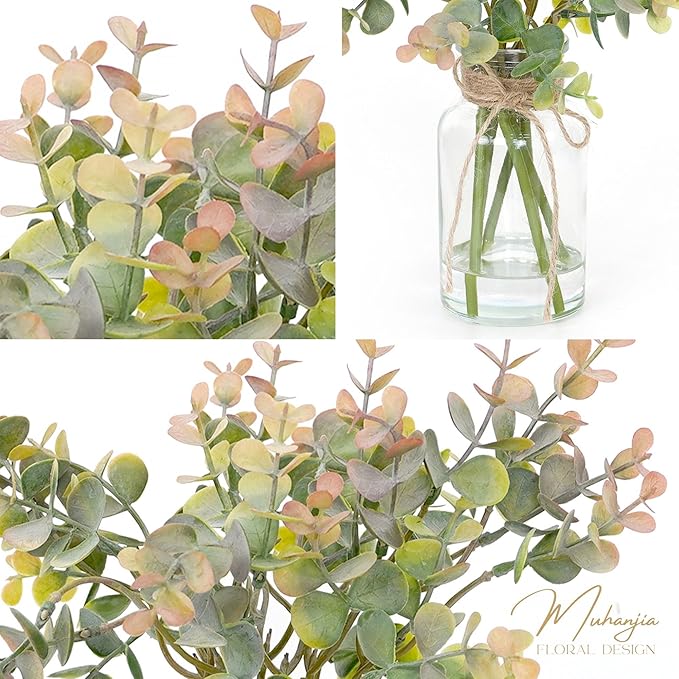 Artificial Eucalyptus Stems in Glass Vase with Faux Water,6Pcs Grey-Orange Fake Plant for Centerpiece (Grey-Orange Eucalyptus)
