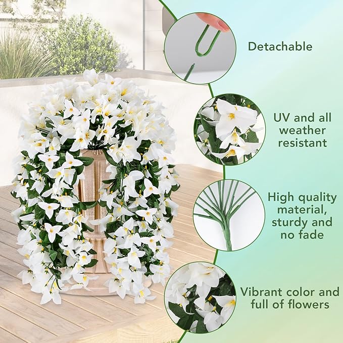 Artificial Bougainvillea Flowers for Outdoor Plant,2 pcs Faux Hanging Flowers Bougainvillea for Outside Decoration,Fake Silk UV Resistant Vines for Front Door Porch(White)