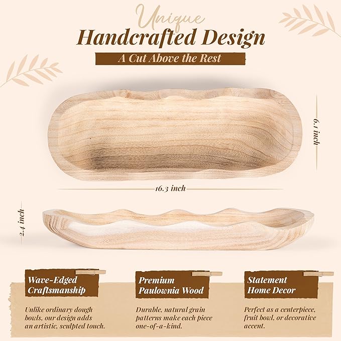Wavy Edge Wooden Dough Bowl for Decor 16"L Lightweight Paulownia Wood Hand Carved Decorative Wooden Farmhouse Fruit Bowl Handmade, Home Decoration Centerpiece, Table Display Bowl