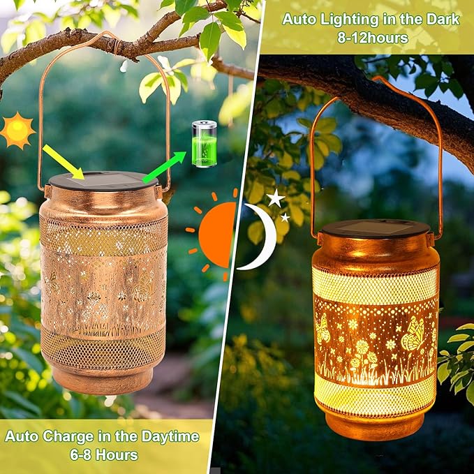 2 Pack Butterfly Solar Lanterns Outdoor Waterproof Solar Garden Decor, Birthday Gifts for Christmas Women Mom Grandma, Metal Hanging Lights with Shepherd Hook for Outside Yard Patio Pathway Porch