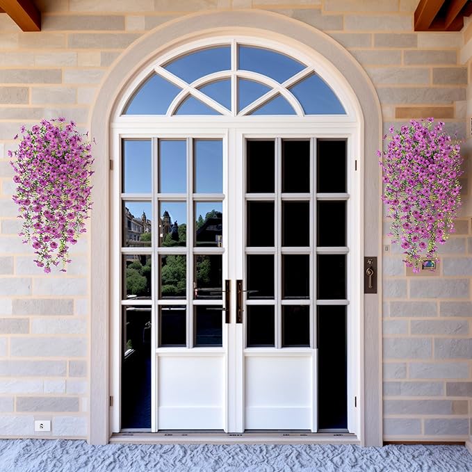 Artificial Hanging Flowers for Outdoors Faux Plants Decoration, 2 Packs Fake Silk Daisy Flower Realistic Outdoor Flowers UV Resistant Porch Patio Window Yard Outside Decor(Purple)
