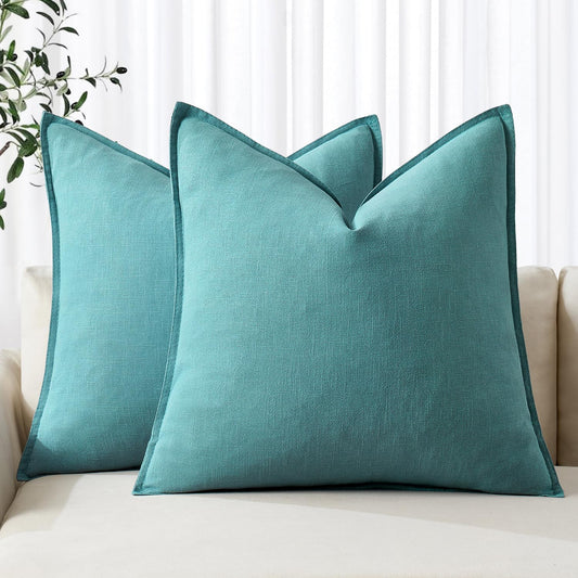 MIULEE Decorative Linen Pillow Covers 18x18 Inch Turquoise Boho Farmhouse Neutral Couch Throw Pillows for Bed Pack of 2 Accent Coastal Modern Pillowcase Summer Sofa Livingroom Home Decor