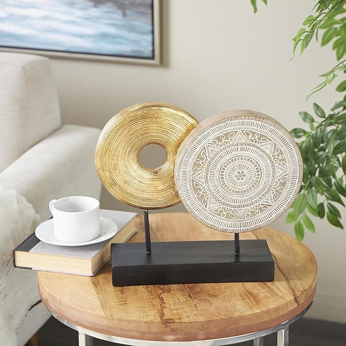 Deco 79 Resin Geometric Handmade Decorative Sculpture Home Decor Statue with Black Rectangular Base, Accent Figurine 14" x 4" x 13", Gold