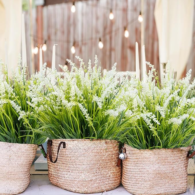 12 Bundles Outdoor Artificial Plants Flowers UV Resistant Fake Tall Grass Plants Bushes Faux Tropical Shrubs for Outside Window Box Planter Front Porch Yard Patio Floral Arrangement