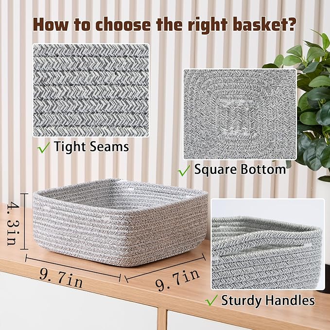 Small Square Shallow Baskets for Organizing, 9.7x9.7x4.3 Inch Rope Woven Storage Bins for Cubes Closet, Shelves Storage, Boho Decorative Basket, 2 Packs Mixed Grey