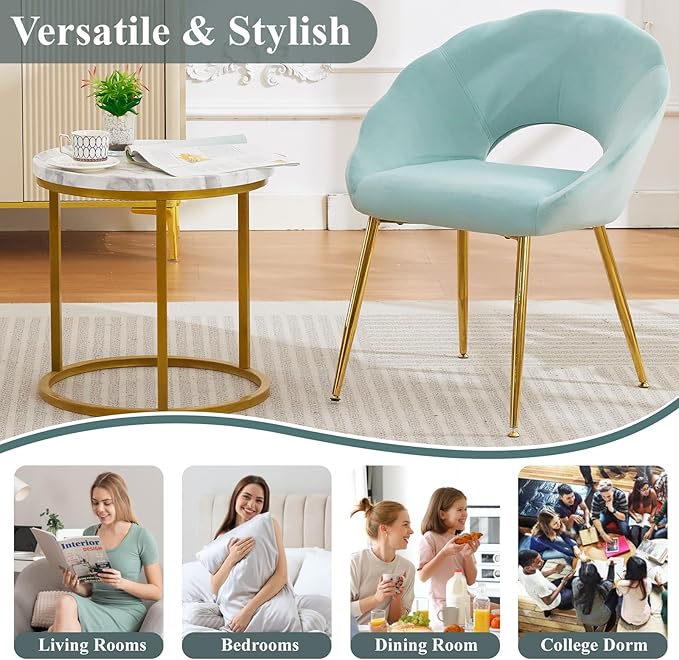 Modern Small Accent Chair Set of 2, Comfy Velvet Vanity Chair with Shell Back & Golden Metal Legs, Decorative Chair no Wheels for Living Room, Makeup Room, Bedroom, Green