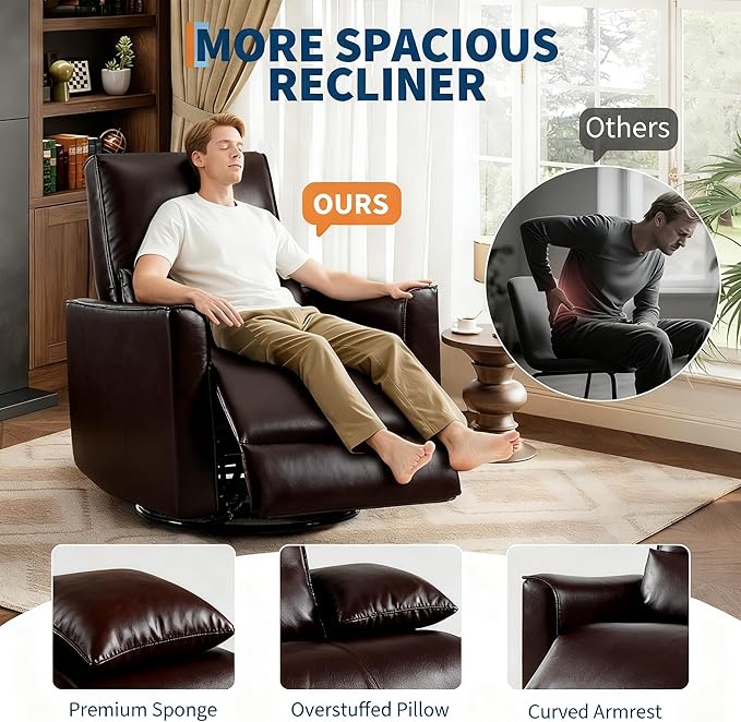 GarveeHome Recliner Chair, 360° Swivel Rocker Glider Nursery Chair with Padded Armrest and Deep Seat, PU Leather Upholstered Reclining Sofa Chair for Living Room, Bedroom and Nursery (Dark Brown)