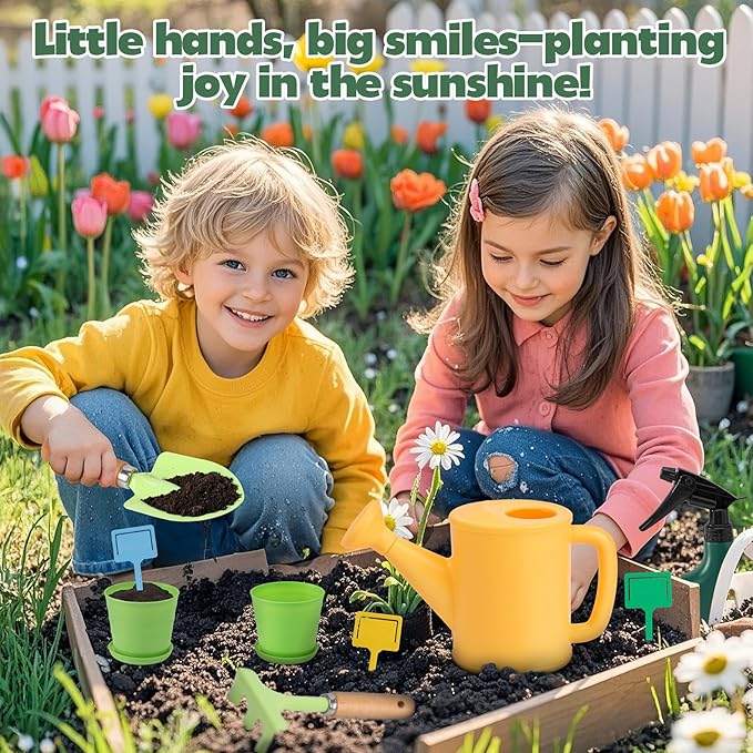Kids Gardening Tools Set, Garden Toys w/Wooden Handle Alloy Rake,Fork,Trowel, Watering Can,Gloves,Tote Bag,Plant pots, DIY Bookmark Kits, Spring Summer Toy Outdoor Gift for Toddler Boy Girl