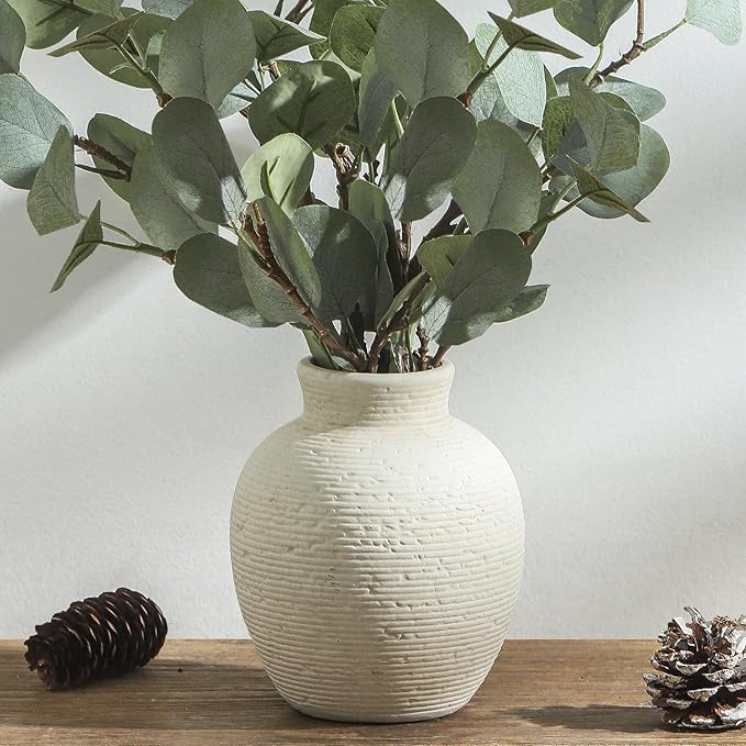 Ceramic Flower Vase Home Decor - Small Farmhouse Table Vases Rustic Vintage Living Room Kitchen Bedroom Decorations for House Book Shelf Office Coffee Desk Dining Fireplace (6" Rustic)