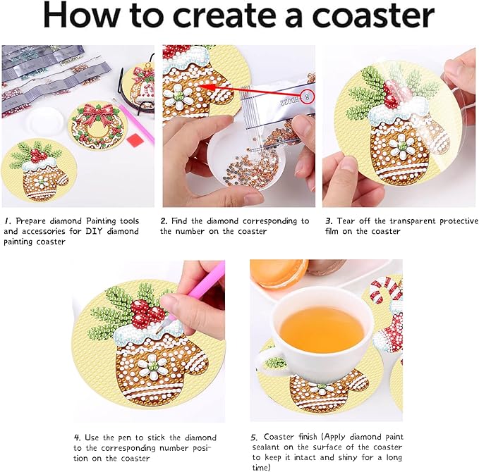 eniref 8 Pcs Christmas Diamond Art Coasters Kits with Holder, Gingerbread Snowman 5D DIY Diamond Pinting Coasters Acrylic Round Cup Coaster with Cork Pads for Tabletop Protection 10×10 CM