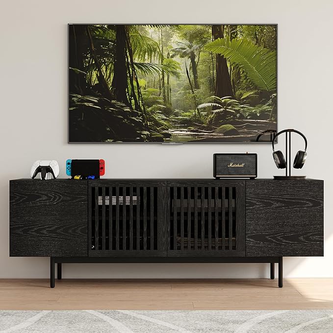 POVISON Full Assembled Mid-Century Modern TV Stand with Slatted Doors, Wood Media Console for 65 Inch TV, TV Console with Tall-cast Metal Legs, Entertainment Center with Storage for Living Room
