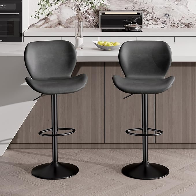 Nalupatio Swivel Bar Stools Set of 2,PU Leather Upholstered Barstools with Back & Footrest, Seat Adjustable Height 22.2-31IN Counter Height Bar Chairs for Bar Kitchen Island,Dark Grey