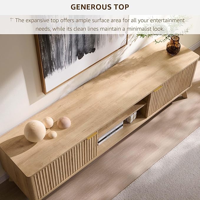 OKD 70" Mid Century Modern Fluted TV Stand, Entertainment Center, Sideboard, Media Console for Living Room with 2 Soft Close Door/Adjustable Shelves (Natural Oak)