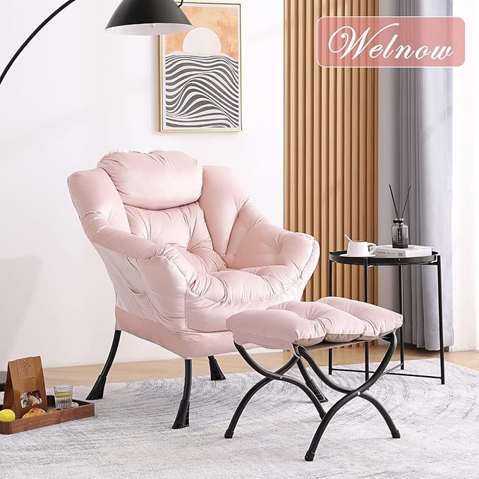 Welnow Lazy Chair with Ottoman, Modern Lounge Accent Chair with Armrests and a Side Pocket, Leisure Sofa Armchair, Reading Armchair with Footrest for Small Space, Pink