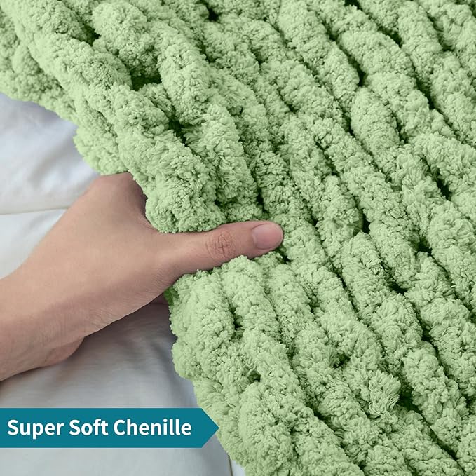 SUNYRISY Chunky Knit Blanket Throw, Luxury Soft Cozy Chenille Throw Blanket, Large Throw Bed Blanket for Couch, Sofa, Home Decor, Gift - Machine Washable, Sage Green