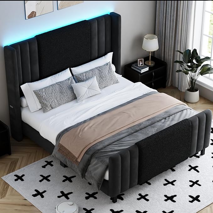 Queen Size Bed Frame with Tall Headboard and Footboard, Boucle and Velvet Upholstered Bed Frame Queen with LED Lights, Modern Platform Bed Frames, Noiseless, Easy Assembly, Black
