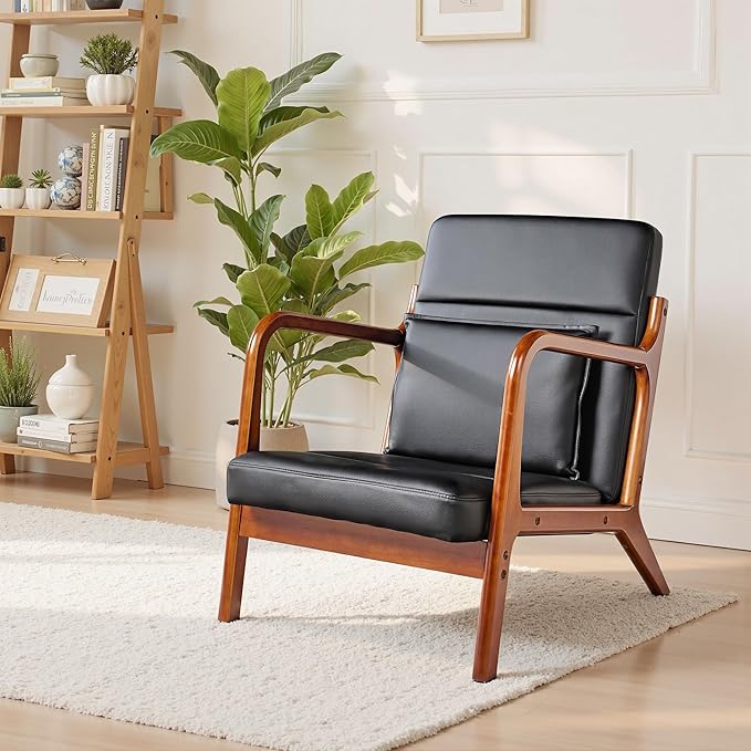VECELO Mid-Century Modern Accent Chair with Faux Leather Cushion & Solid Wood Frame, Lounge Armchair for Living Room, Bedroom, Office, Black