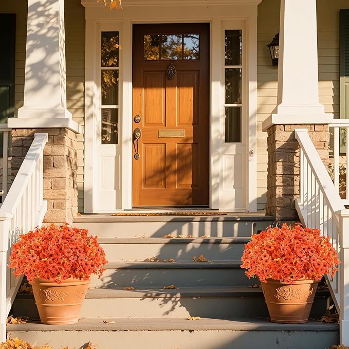 SHareconn 48 Bundles Artificial Fall Flowers for Outdoors Decoration,UV Resistant Silk Eucalyptus Lavender Faux Autumn Fake Plants for Outside Indoor Garden Yard Porch Home Decor,SunsetRedAutumnColour