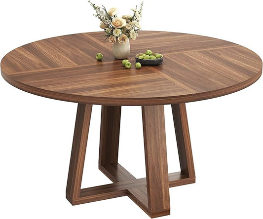 GAOMON Round Dining Table for 4-6, 47" Circle Dining Room Table with Sturdy Cross Base, Farmhouse Wood Dinner Table for Apartment Kitchen Living Room, Walnut (Table Only)