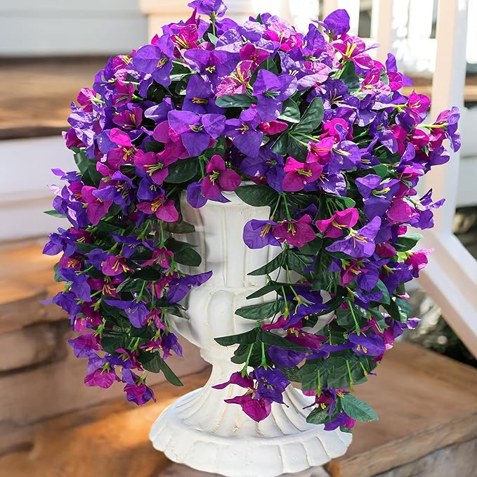 Bougainvillea Artificial Hanging Flowers Plants for Outdoors Decoration, 2pcs Fake Flowers Silk Bougainvillea Vines Realistic UV Resistant Faux Flowers for Outdoor Planters Porch Patio, Mix