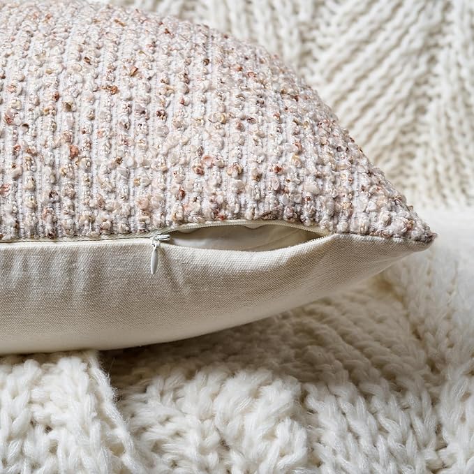 Striped Throw Pillow Covers 22x22 Set of 2 Beige Textured Boucle Chic Morden Boho Accent Farmhouse Square Decorative Couch Pillow Covers for Home Decor Bed Sofa Living Room
