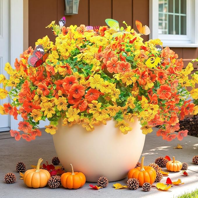 ‌20 Bundles Artificial Flowers for Outdoors‌ with 6 Faux Butterflies, UV Resistant ‌Fake Flowers‌ with Eucalyptus Leaves, ‌Artificial Plants Outdoor‌ for Patio Garden Porch Home Decor (Orange Yellow)
