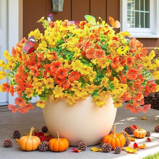 ‌20 Bundles Artificial Flowers for Outdoors‌ with 6 Faux Butterflies, UV Resistant ‌Fake Flowers‌ with Eucalyptus Leaves, ‌Artificial Plants Outdoor‌ for Patio Garden Porch Home Decor (Orange Yellow)