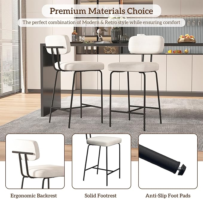 Counter Height Bar Stools Set of 4, 26" Fabric Kitchen Bar Stools with Back, Counter Barstools with Metal Legs, Bar Chairs for Kitchen Island, White