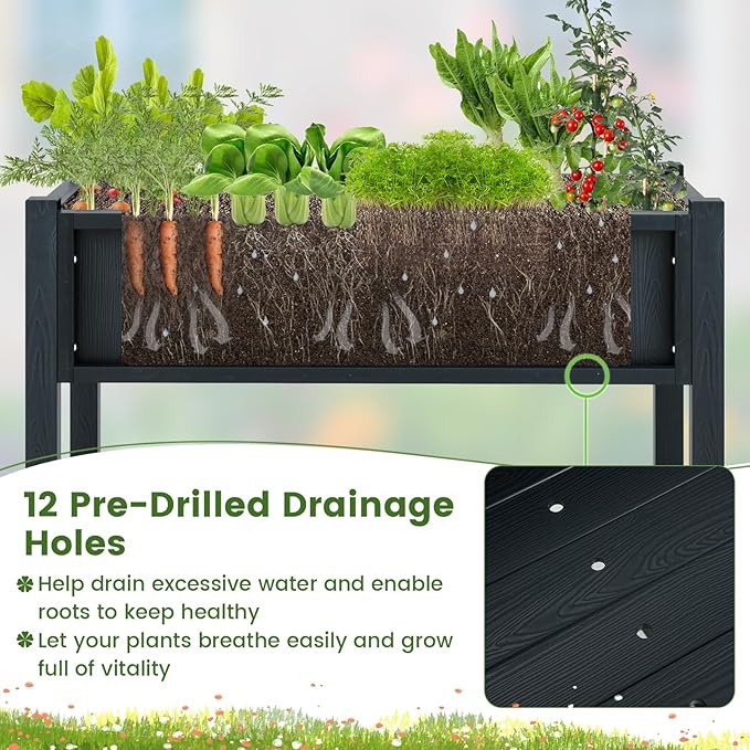 Giantex HIPS Raised Garden Bed, Elevated Planter Box w/Legs, Storage Shelf, Drainage Holes, Weather-Proof Standing Raised Beds for Backyard Balcony Flower Vegetable (Black, 34" x 18" x 29")