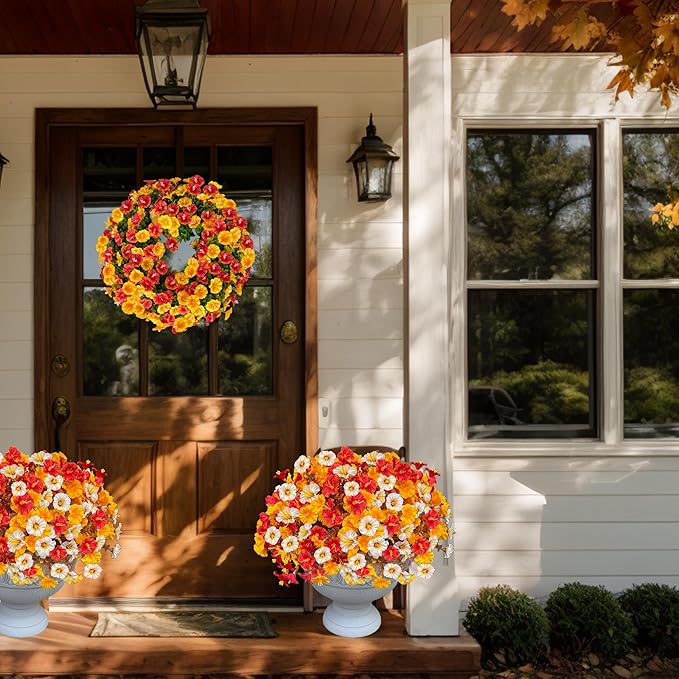 Artificial Fall Flowers for Outdoor, Fake Petunias Plants, Faux Flower, Fake Mums, 4PCS Fall Outdoor Decoration, UV Resistant, Silk Morning Glorias, for Home Garden Porch Planter (Early Harvest)