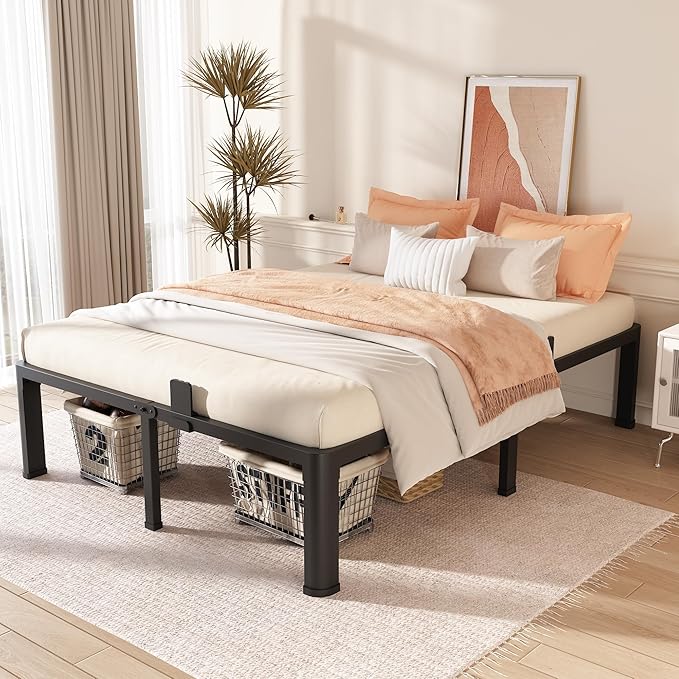 FUIOBYVV Queen Bed Frame with Round Corner Edge Legs 16 inch High 3500 lbs Heavy Duty Metal Platform Bed Frame Queen Size No Box Spring Needed/Non-Slip/Steel Slat Support/Noise Free