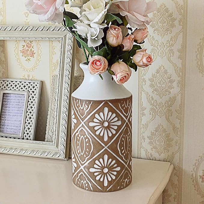 Rustic Ceramic Vase Set of 2 for Living Room Bedroom 11.02'' and 9.05'' Large Unique Flower Vases for Home Decor Office Centerpieces Fireplace Vintage Antique Farmhouse Modern Gift for Plant