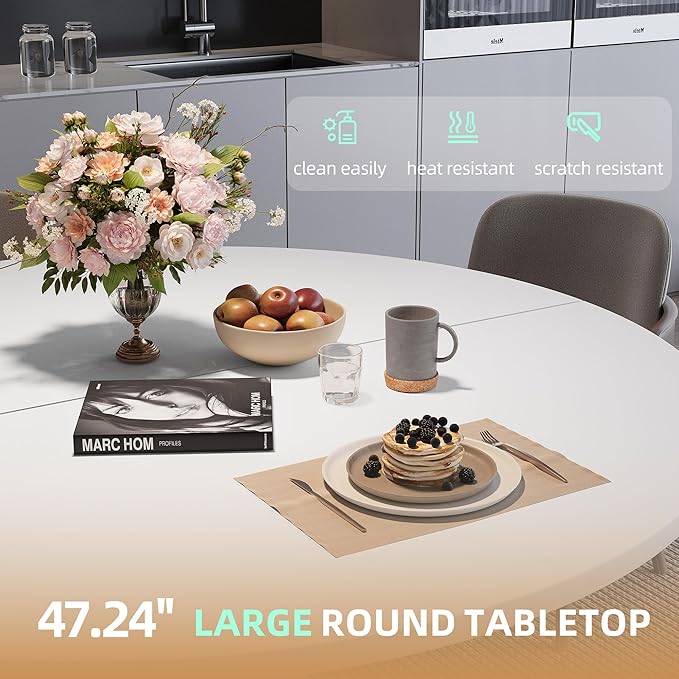 47.24" Round Dining Table, Modern Dining Room Table for 4-6 Person, Wood Round Kitchen Table with Metal Legs, Round Coffee Table for Home Dining Room Living Room (White)