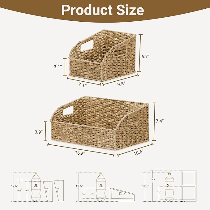 Wicker Baskets for Organizing,Pantry, Kitchen Counter with Handles, Handwoven Woven Storage Baskets for Fruit, Bread, Vegetable, Paper Storage Bins for Shelves, 3 Pack, Natural