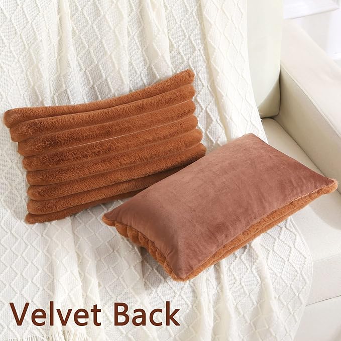 FUTEI Brown Striped Decorative Throw Pillow Covers 12x20 Inch Set of 2,Rectangle Fall Decorations Couch Lumbar Pillowcase,Soft Cozy Faux Rabbit Fur & Velvet Back,Modern Home Decor for Bed