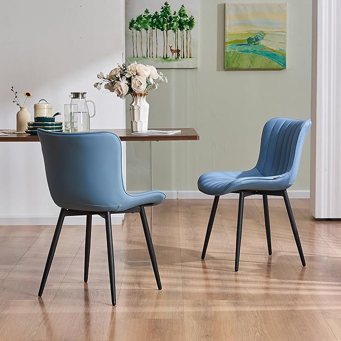 YOUNUOKE Mid-Century Modern Dining Chairs Set of 2, Blue PU Leather Upholstered Kitchen Chairs with Black Metal Legs, Armless Accent Chair for Dining Room, Guest Reception Room
