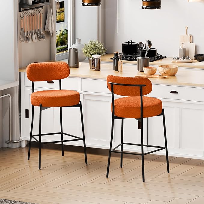 DYHOME Bar Stools Set of 2, Burnt Orange 28 Inches Counter Height Bar Stools, Modern Boucle Upholstered Barstools with Back for Kitchen Island, Bar