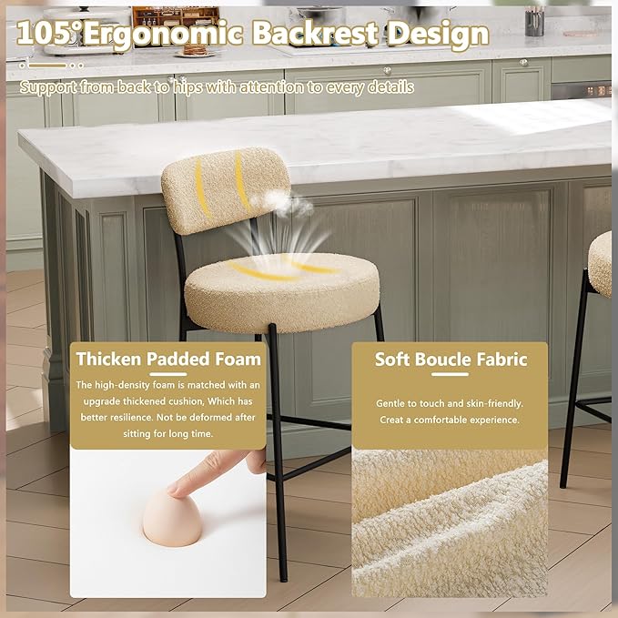 DYHOME Bar Stools Set of 6, Upholstered 28 Inches Boucle Counter Height Bar Stools with Back & Metal Legs, Modern Metal Tall Barstools for Kitchen Island, Light Brown