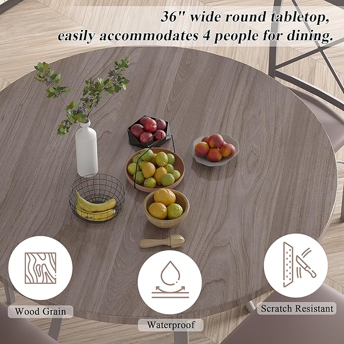 VECELO 36" Round Dining Table for 4, Wood Grain Dinette with Metal Frame for Kitchen, Apartment, Home, Space-Saving, Elegant Grey