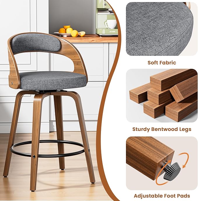 Swivel Bar Stools Set of 6, 26" Upholstered Linen Fabric Barstools with Bentwood Legs, Mid Century Modern Counter Height Bar Stools with Back for Kitchen Island, Dining Room, Grey