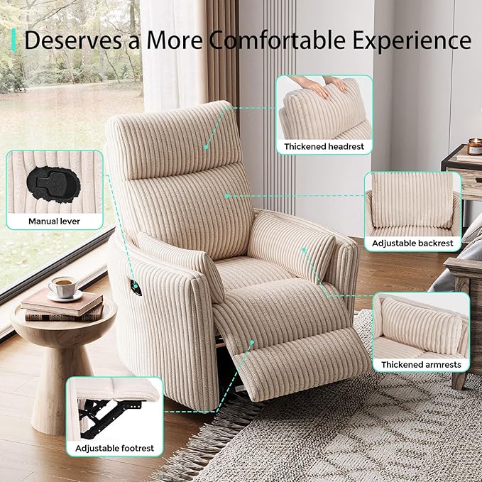 LINSY 360 Swivel Rocker Recliner - Corduroy Nursery Glider Rocking Chair with 2 Pillows, Comfy High Back Adult Recliner for Small Spaces, Nursery Bedroom Living Room Reclining Chairs (Beige)