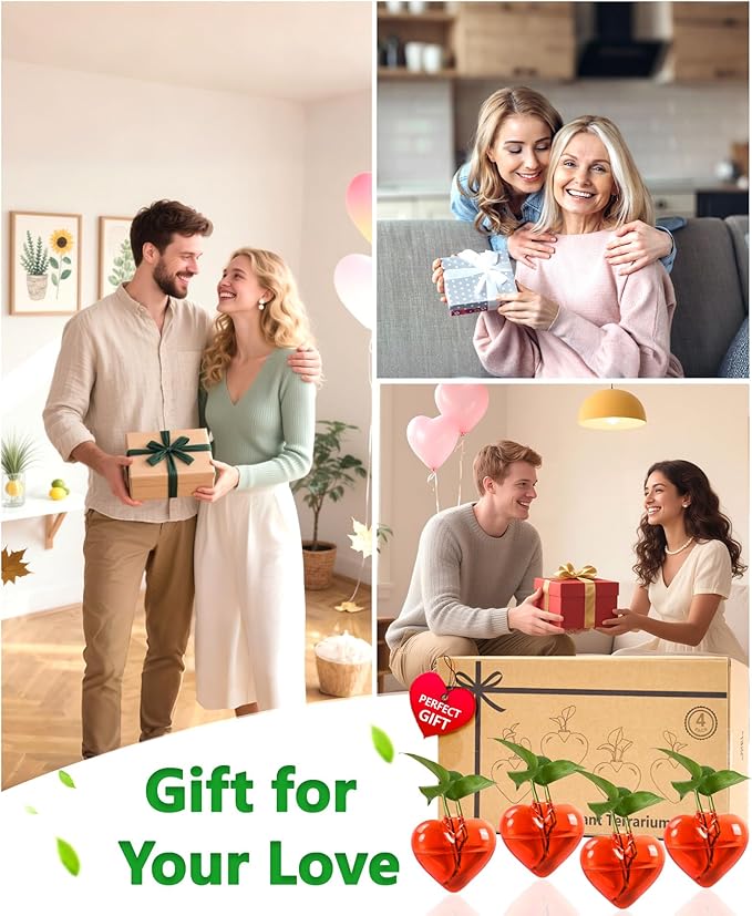 Nacome Wall Hanging Glass Planter Terrarium Plant Propagation Station, 4 Pack Heart Shape Vase for Hydroponic Home Office Garden Decor,Unique Gardening Gifts for Plant Lovers Women Mom(Orange)