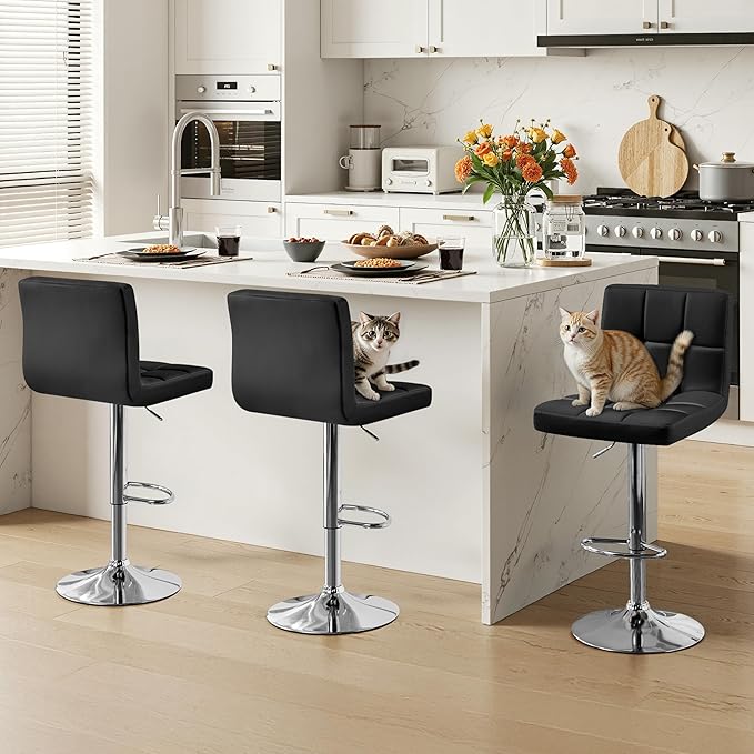 Yaheetech Bar Stools Set of 3, Adjustable PU Leather Swivel Barstools, Modern Counter Stools with Back and Footrest, Counter Height Barstools for Bar, Kitchen, Dining Room, Black
