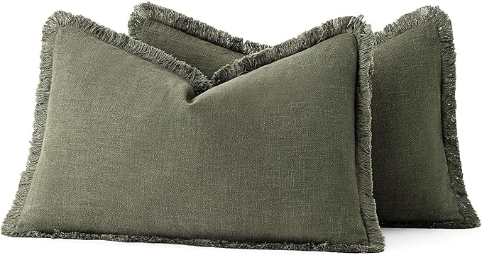 MIULEE Decorative Lumbar Throw Pillow Covers Neutral Linen Fringe Throw Pillows Set of 2 Olive Green Boho Farmhouse Cushion Covers for Couch Sofa Bed Living Room Spring Home Decor 12x20 Inch