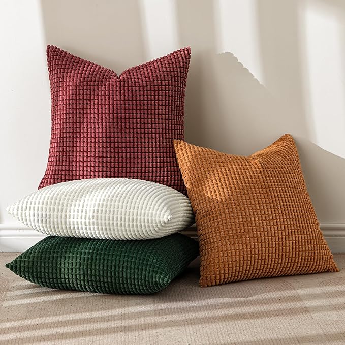 MIULEE Modern Farmhouse Decorative Pillow Covers 18x18 Inch Set of 4 Natural Rustic Throw Pillows Neutral Warm Soft Corduroy Couch Pillowcases Home Decor for Sofa Living Room Bed Christmas Red