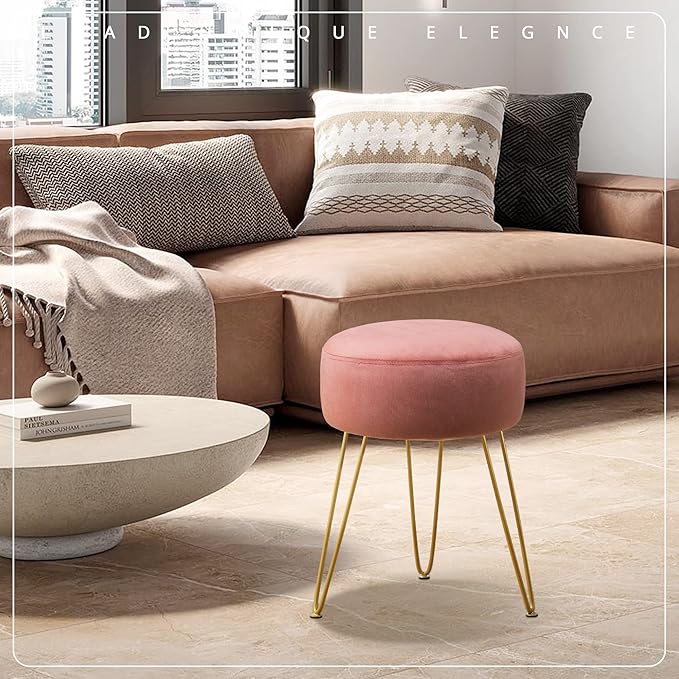 LUE BONA Vanity Stool, Pink Vanity Stools for Makeup Room, Round Ottoman Foot Stool, Velvet Footrest Vanity Chair for Bathroom Vanity, Bedroom, Living Room, Entryway, Offices