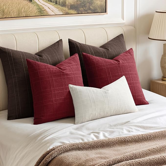 MIULEE Christmas Decorative Linen Check Throw Pillow Covers Neutral Farmhouse Vintage Pillow Covers 18x18 Set of 2 Boho Modern Home Decor for Sofa Couch Bedroom Cushion Burgundy