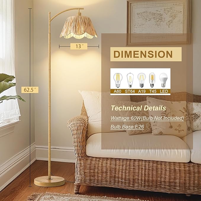 Oneach Boho Floor Lamp for Living Room, Farmhouse Standing Lamp with Foot Switch, Corner Reading Lamps for Bedroom with Hand-Woven Shade, Light Woodgrain Metal Base & Pole